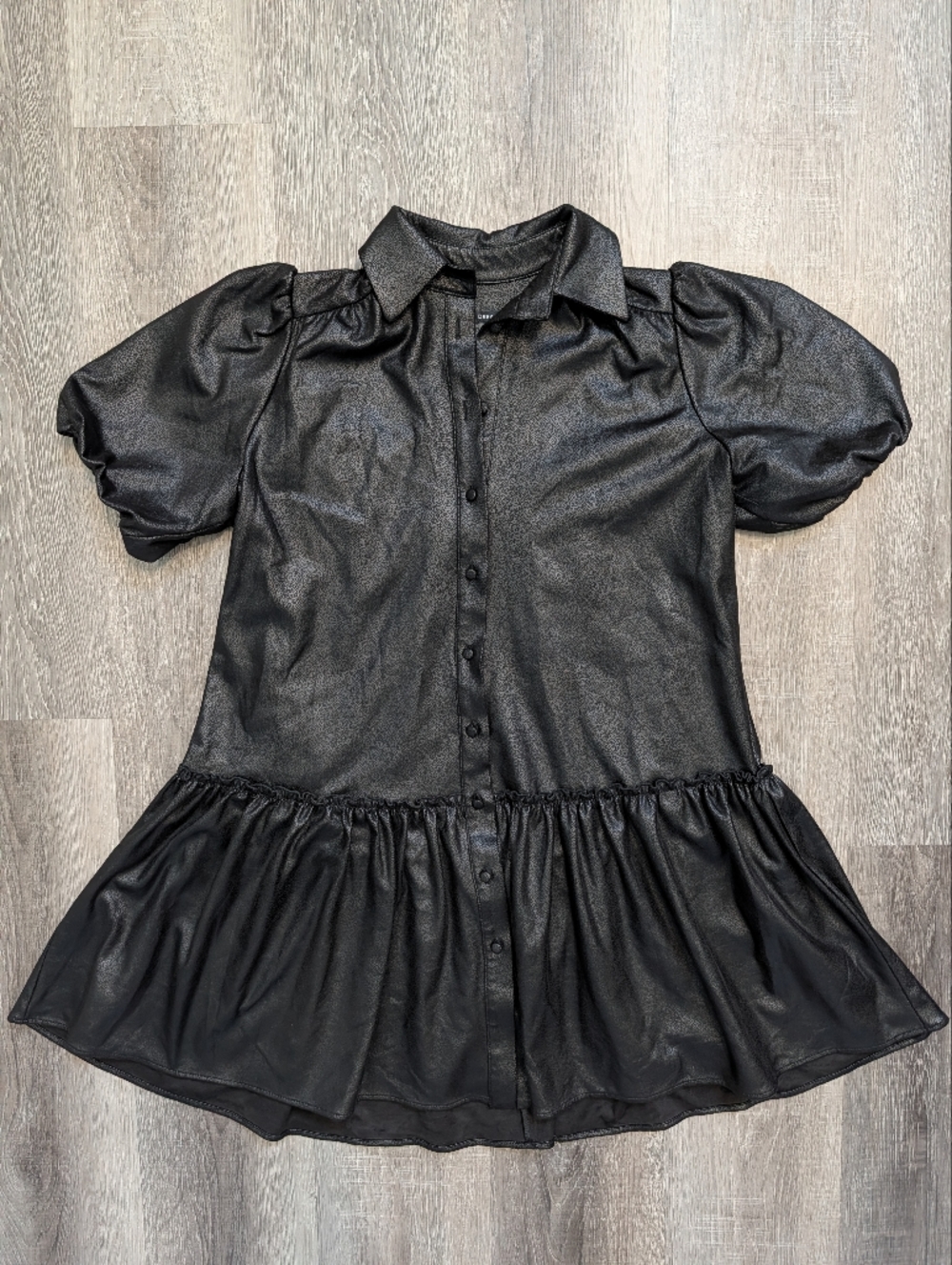 Drew Dress Womens S Black Faux Leather Puff Sleeve Button Front Vegan Leather